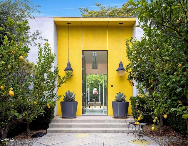 view of exterior entry featuring stucco siding