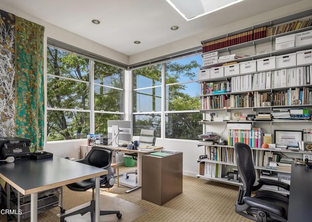 office area featuring light carpet, a wealth of natural light, and recessed lighting