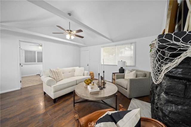 living area with lofted ceiling with beams, dark wood-type flooring, and baseboards