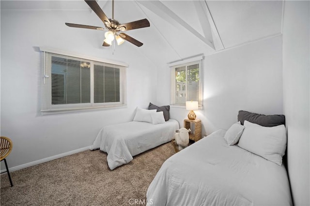 bedroom featuring attic access, baseboards, a ceiling fan, vaulted ceiling with beams, and carpet flooring