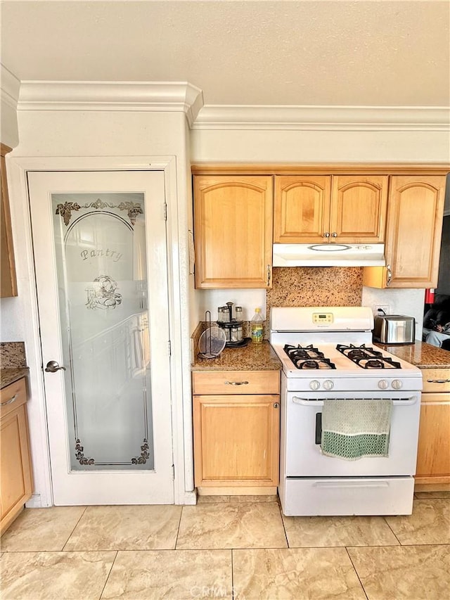 kitchen featuring crown molding, gas range gas stove, backsplash, light brown cabinets, and under cabinet range hood