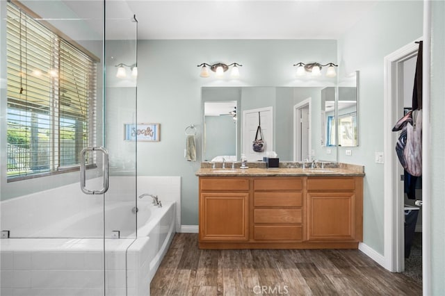 bathroom with wood finished floors, a wealth of natural light, a sink, and a bath