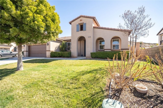 mediterranean / spanish-style house with a tile roof, fence, concrete driveway, and stucco siding