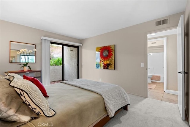 bedroom with access to exterior, light tile patterned floors, visible vents, light carpet, and baseboards