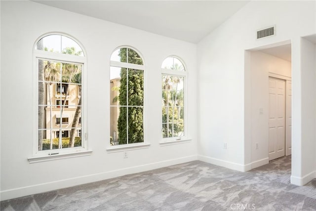 empty room featuring light carpet, lofted ceiling, and a healthy amount of sunlight