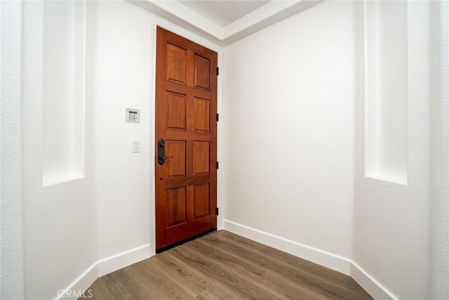 foyer with baseboards and wood finished floors