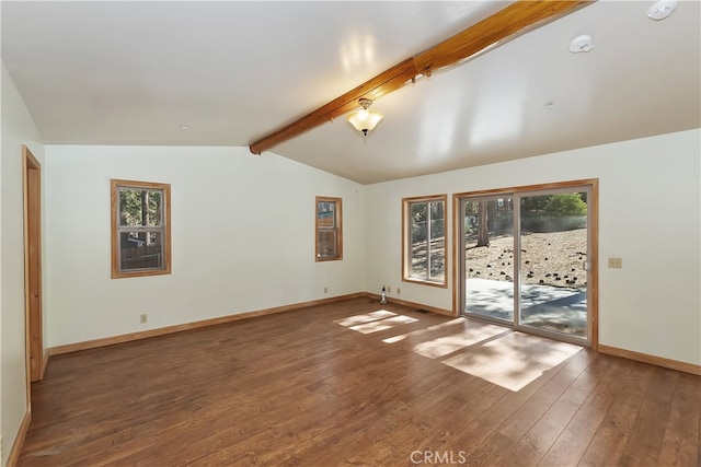 unfurnished room featuring vaulted ceiling with beams, baseboards, and dark wood-style flooring