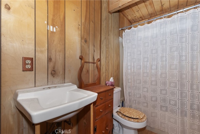 bathroom with a sink, toilet, and wooden walls