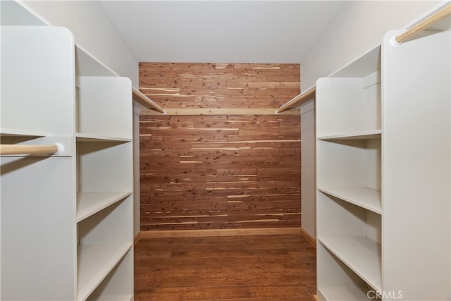 walk in closet featuring dark wood-type flooring