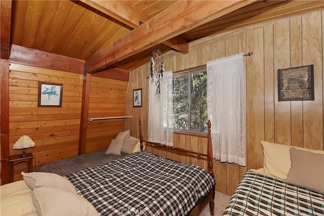 carpeted bedroom with wooden ceiling, wood walls, and beamed ceiling