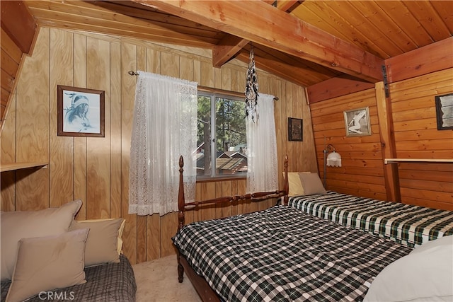 bedroom with carpet, wood ceiling, vaulted ceiling with beams, and wooden walls