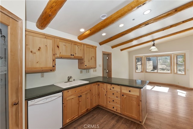 kitchen featuring dishwasher, dark countertops, dark wood-style flooring, vaulted ceiling with beams, and a peninsula