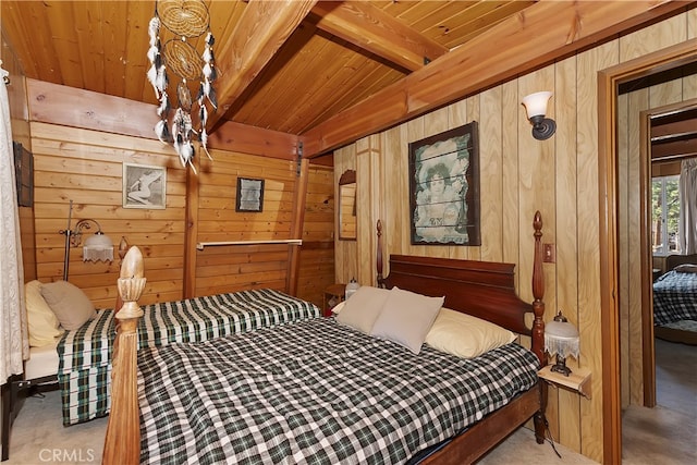 carpeted bedroom with wood walls, wooden ceiling, and beam ceiling