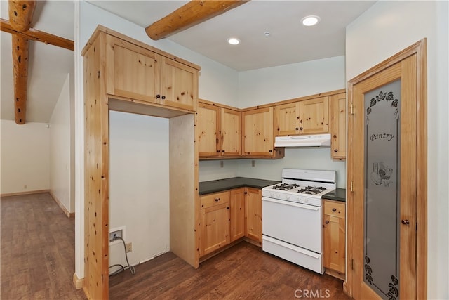 kitchen with dark countertops, dark wood-style flooring, white range with gas cooktop, and under cabinet range hood