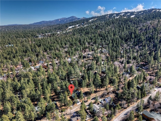 bird's eye view featuring a forest view and a mountain view