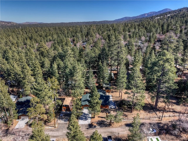 bird's eye view featuring a forest view and a mountain view