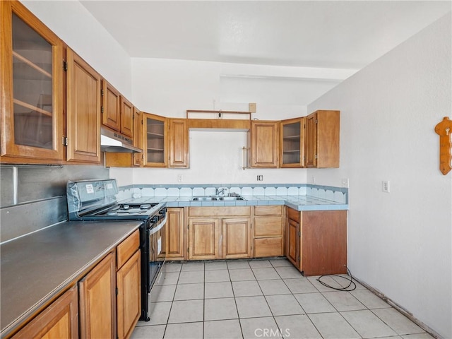 kitchen featuring glass insert cabinets, a sink, under cabinet range hood, and gas range