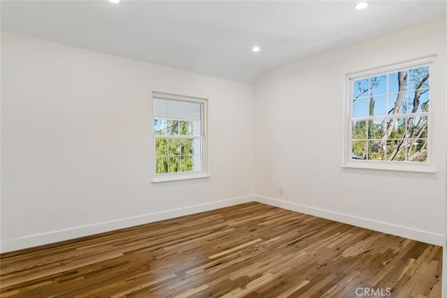 spare room featuring plenty of natural light, baseboards, and wood finished floors