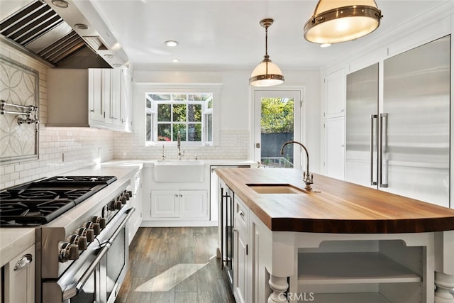 kitchen with stainless steel appliances, butcher block countertops, a sink, exhaust hood, and an island with sink