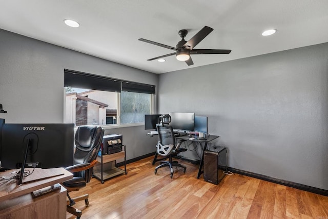 office with light wood-style floors, recessed lighting, ceiling fan, and baseboards