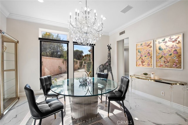 dining room featuring crown molding, marble finish floor, visible vents, and a notable chandelier