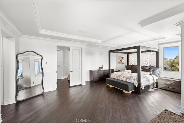 bedroom featuring dark wood-style floors, a tray ceiling, and ornamental molding