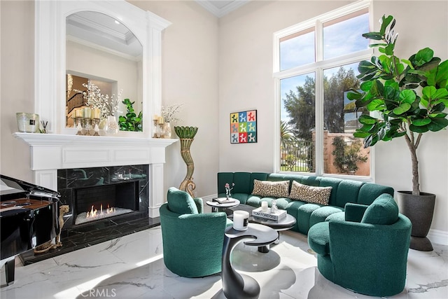 living area with marble finish floor, ornamental molding, and a premium fireplace