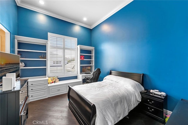 bedroom with dark wood-type flooring, recessed lighting, and ornamental molding