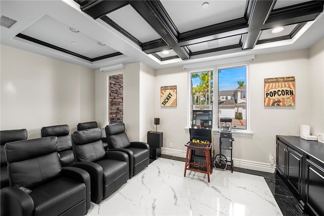 home theater room with baseboards, visible vents, coffered ceiling, and ornamental molding