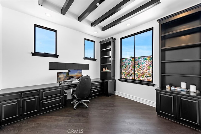 office space featuring baseboards, dark wood finished floors, beamed ceiling, built in desk, and recessed lighting