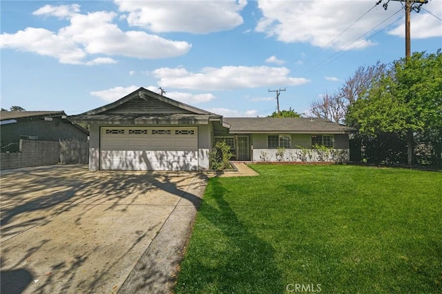 ranch-style house featuring stucco siding, concrete driveway, an attached garage, fence, and a front lawn