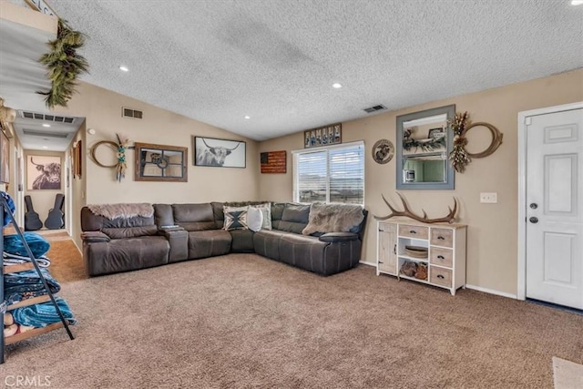 carpeted living room with visible vents, vaulted ceiling, a textured ceiling, and baseboards