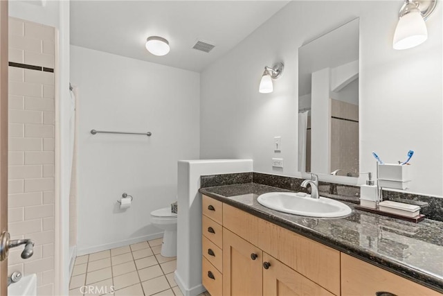 full bathroom with toilet, visible vents, baseboards, vanity, and tile patterned floors