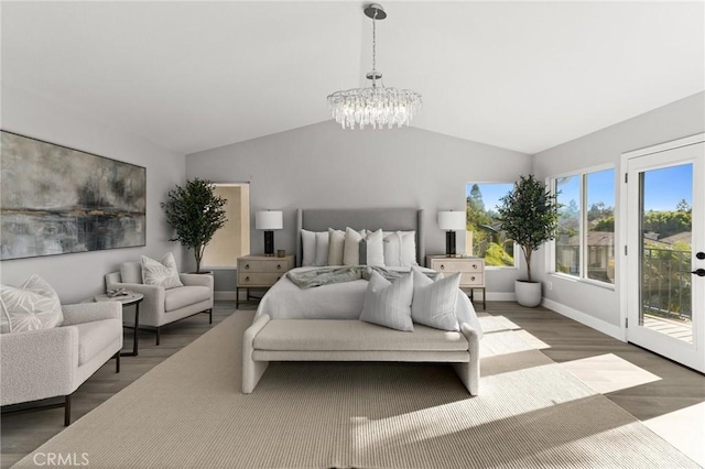 bedroom featuring baseboards, dark wood finished floors, lofted ceiling, an inviting chandelier, and access to outside