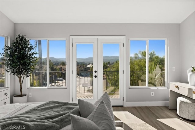 bedroom with access to outside, multiple windows, baseboards, and dark wood-style flooring