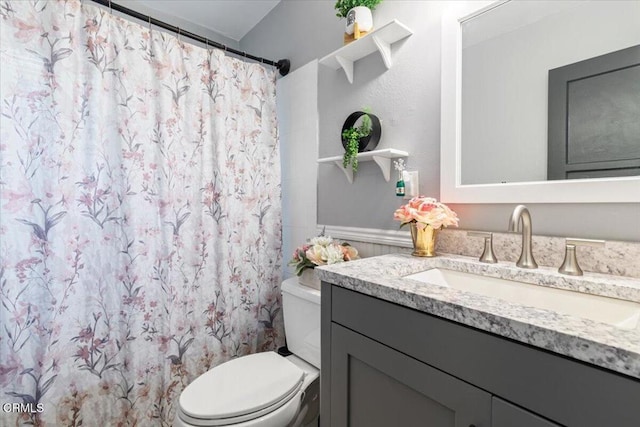 full bath with toilet, a shower with curtain, and vanity