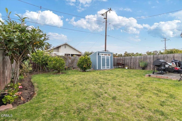 view of yard with a patio, a shed, an outdoor structure, and a fenced backyard