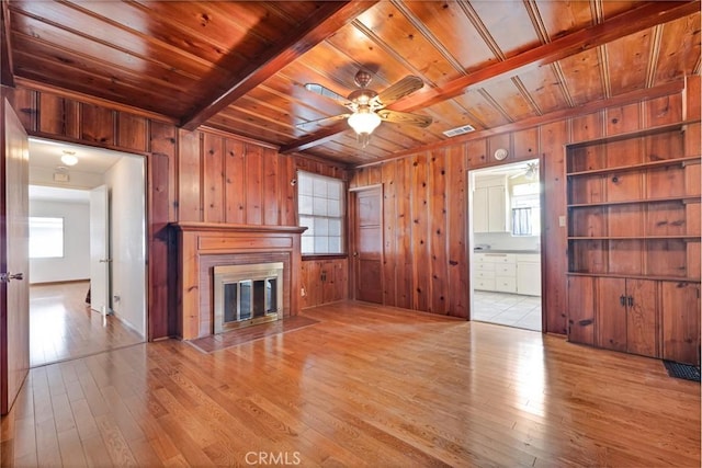 unfurnished living room featuring light wood-type flooring, wood ceiling, and wood walls