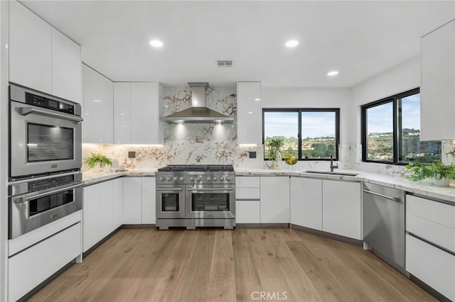 kitchen featuring appliances with stainless steel finishes, white cabinetry, a sink, modern cabinets, and wall chimney exhaust hood