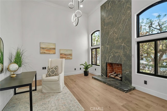 living area with baseboards, ornamental molding, wood finished floors, a high ceiling, and a high end fireplace