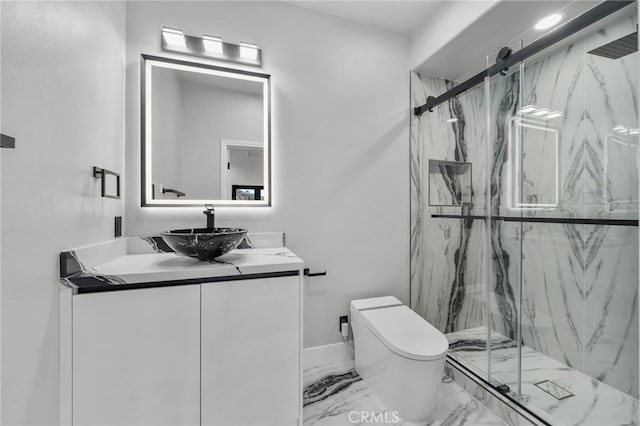 full bathroom with toilet, vanity, baseboards, marble finish floor, and a marble finish shower