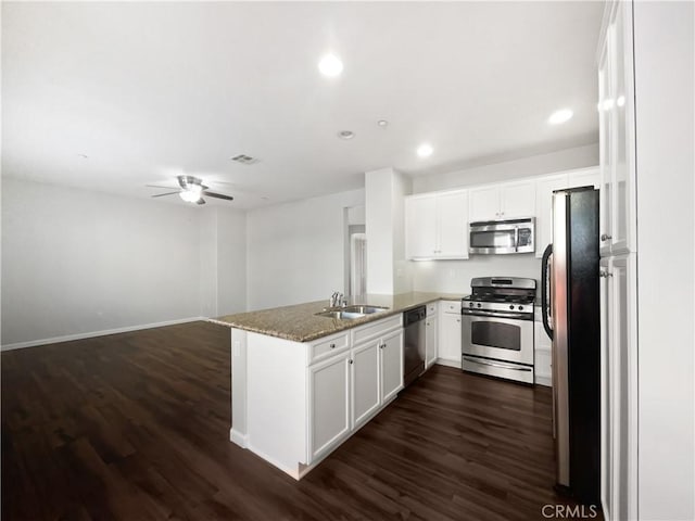 kitchen with dark wood finished floors, a peninsula, a sink, and stainless steel appliances