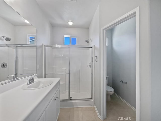 full bathroom with a stall shower, toilet, and vanity