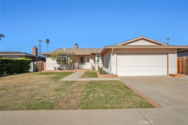 single story home featuring a garage, fence, driveway, stucco siding, and a front yard