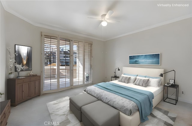 bedroom featuring access to exterior, light carpet, ornamental molding, and baseboards