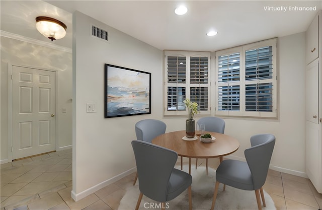 dining room featuring recessed lighting, visible vents, baseboards, and light tile patterned floors