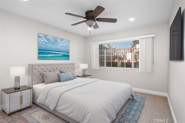 bedroom with ceiling fan, baseboards, carpet flooring, and recessed lighting