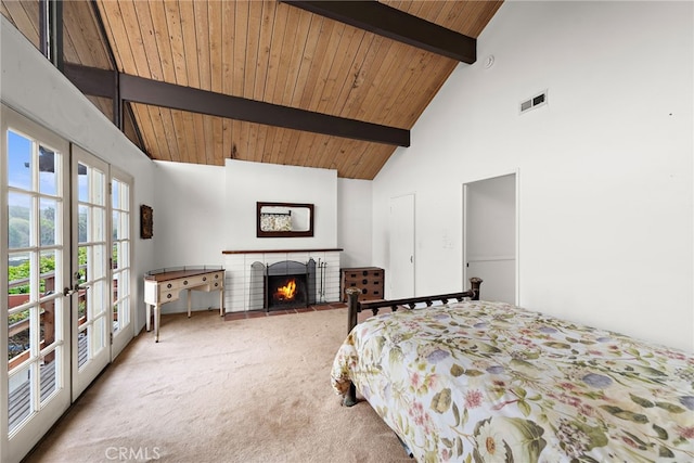 bedroom featuring beamed ceiling, visible vents, wood ceiling, and a fireplace
