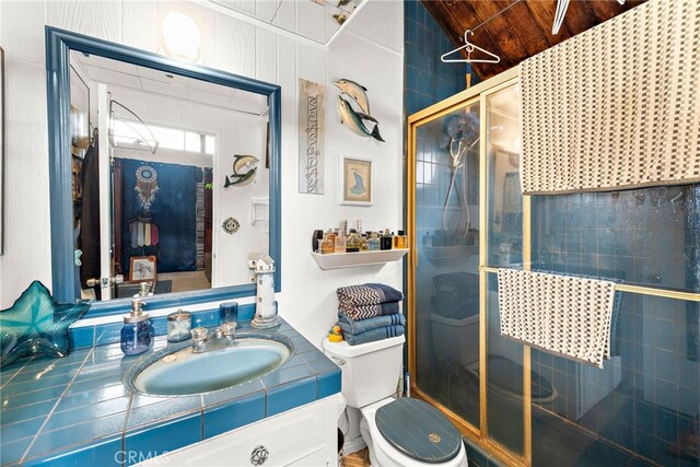 bathroom with toilet, vanity, and a stall shower