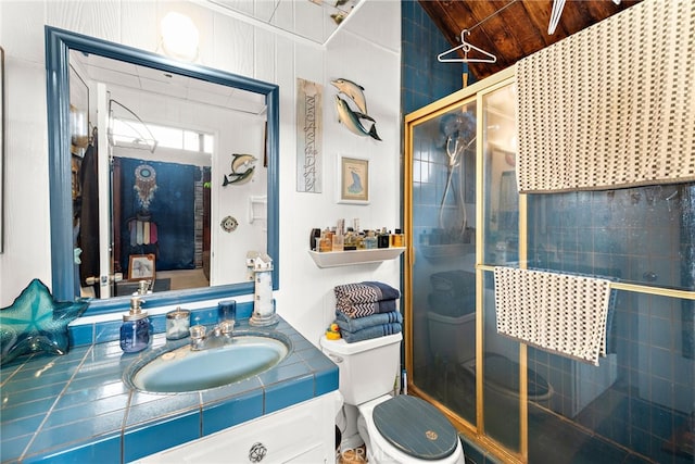 476 62nd St, Newport Beach, CA 92663 - bathroom with a stall shower, lofted ceiling, and vanity